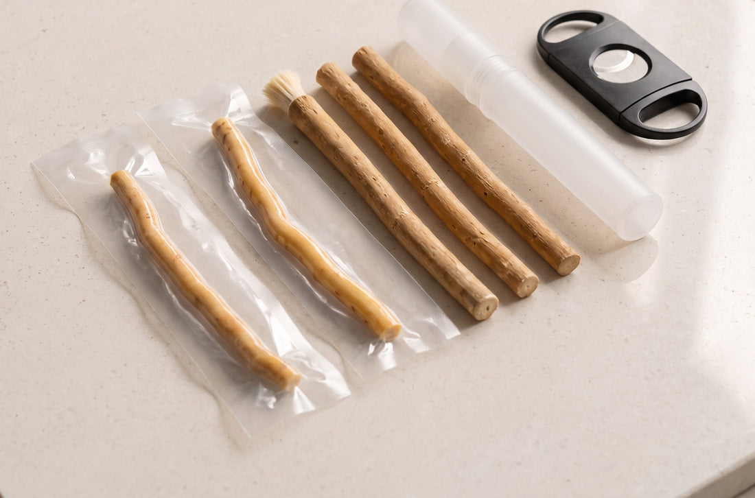 Brushroot kit on a stone counter: miswak sticks, travel case and tip cutter