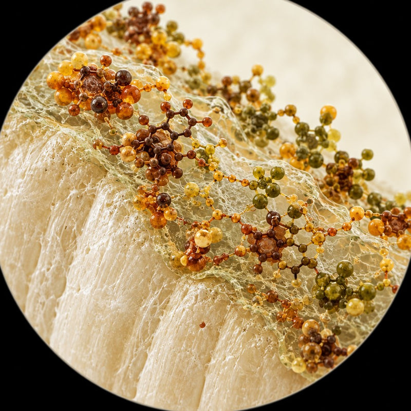 Illustration: coloured chromogen molecules from coffee and tea clinging to the film on tooth enamel