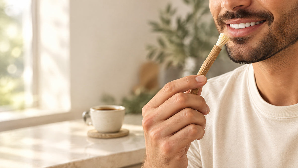 Smiling man holding a miswak stick next to a morning coffee