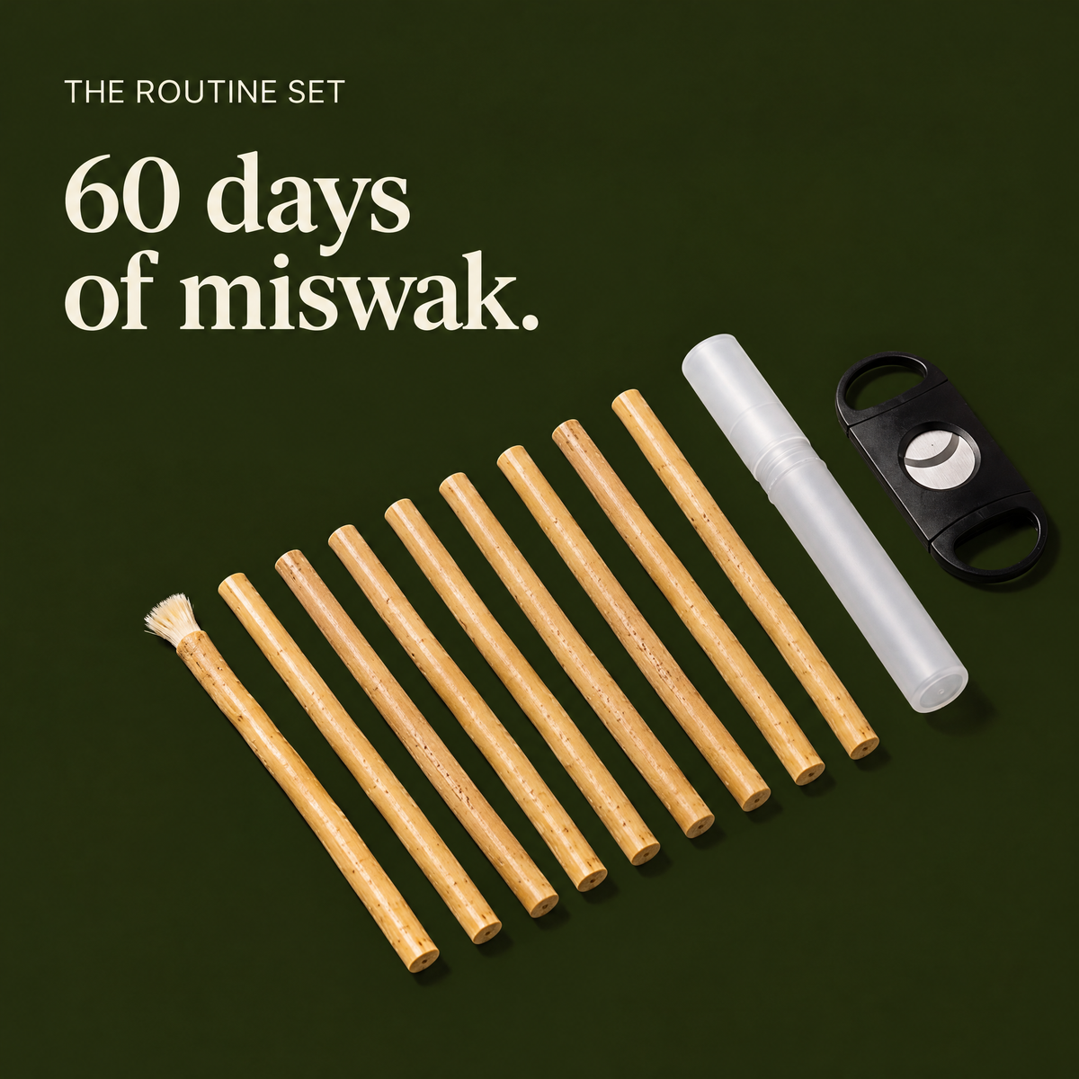 The Routine Set: 9 miswak sticks, travel case and tip cutter